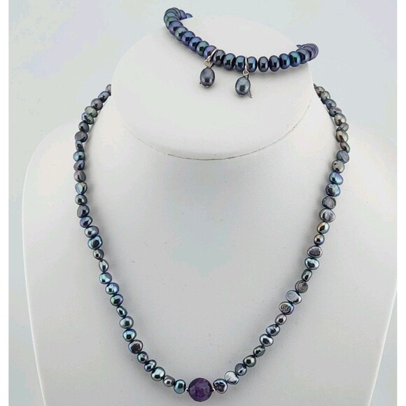 Vintage Parure Genuine Pearl Amethyst Necklace Earring Bracelet Regency Timeless - Picture 1 of 9